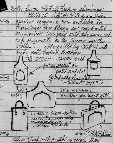 Newspaper notes on Bonnie Cashin handbags for Coach